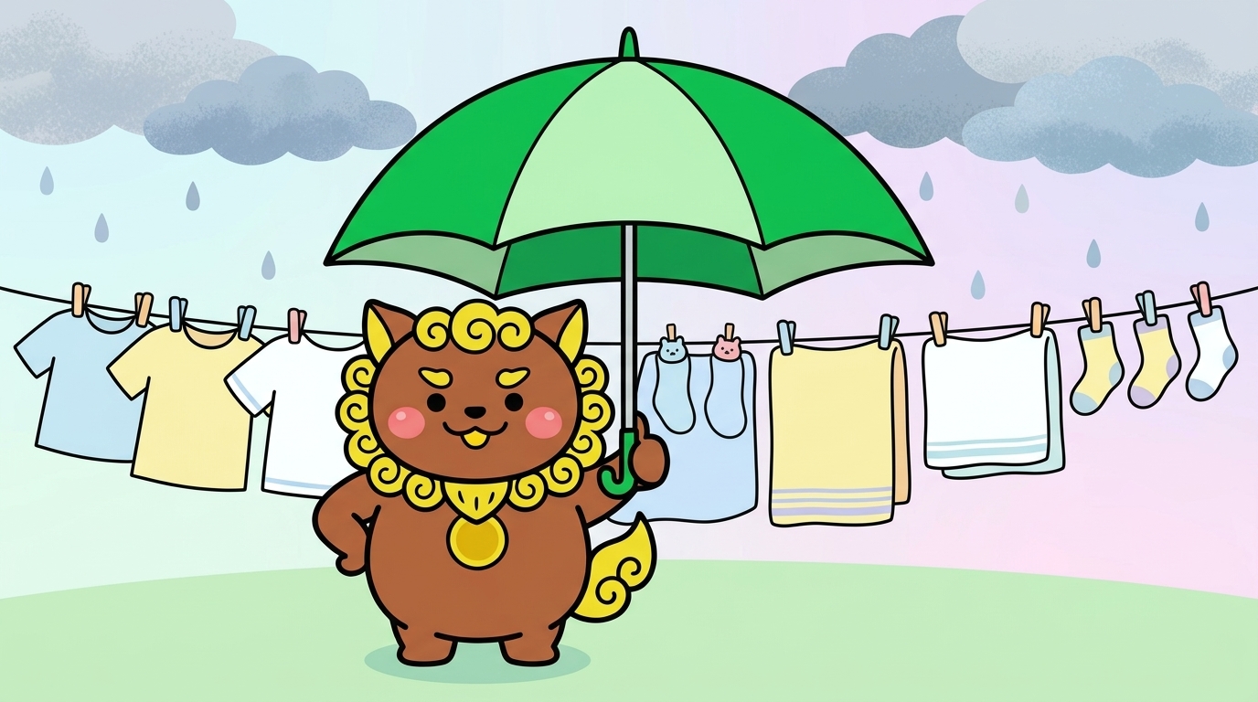 とりこんで！ – 洗濯物を雨から守るシーサーのキャラクター
